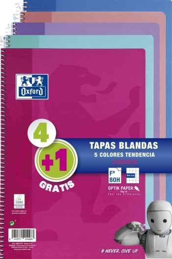 PACK 4+1 BLOCS Fº TAPA BLANDA CUADRO 4X4 80H COLORES TENDENCIA OXFORD 400072719