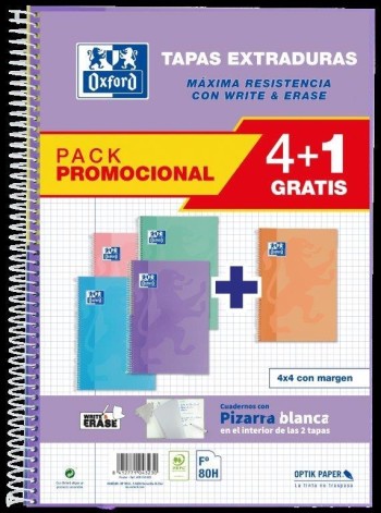 PACK 4+1 BLOCS Fº TAPA EXTRADURA PIZARRA CUADRO 4X4 80H COLORES TENDENCIA OXFORD 400122766/765