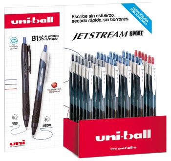 EXPOSITOR 36 BOLIGRAFOS 18 AZUL+12 NEGRO+6 ROJO  ROLLER PUNTA 1,0MM JETSTREAM SPORT UNI-BALL SXN-150E S