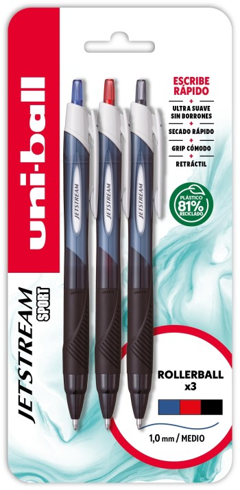 BLISTER 3 BOLIGRAFOS 1 AZUL+1 NEGRO+1 ROJO ROLLER PUNTA 1,0MM JETSTREAM SPORT UNI-BALL SXN-150 3S